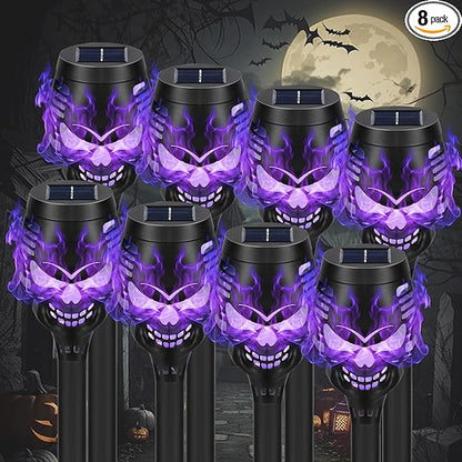 Solar Halloween Decorations Outdoor, 8 Pack Spooky Skulls Solar Torch Flame Lights, Waterproof Pathway Halloween Lights for Garden, Yard, Lawn, Porch, Landscape Decor, Purple