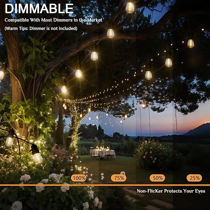 Commercial Grade LED String Lights 10 Shatterproof LED Bulbs, IP65 Waterproof & Dimmable Warm White,Black Wire,Outdoor Hanging Lights for Patio, Wedding, Cafe, Backyard Decor (30FT)