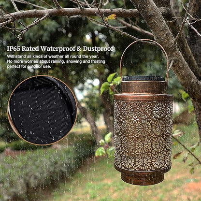 2 Pack Solar Lanterns, Outdoor Waterproof Hanging Led Lanterns, Metal Decorative Garden Lights, Solar Outdoor Lights Decor for Table Patio Yard Pathway, Bronze