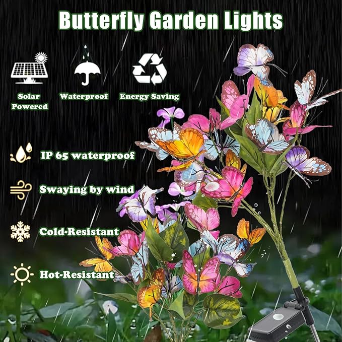 Solar Flower Lights-2 Pack Solar Garden Lights, Outdoor Waterproof Decorative Light, Butterfly Flower Garden Decor | Lumora
