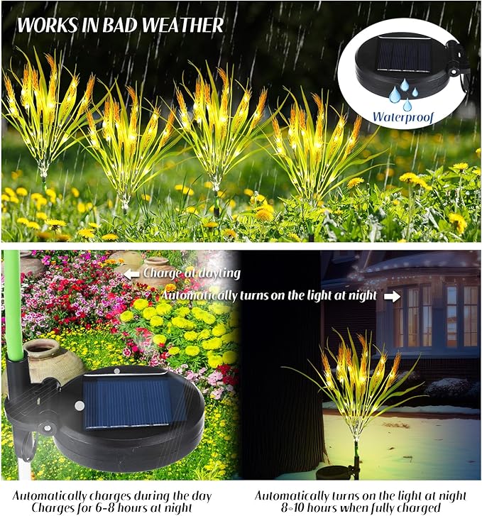 4 Pcs Thanksgiving Solar Lights Decorative Fall Outdoor Garden Autumn Solar Flowers Lights with 28 Realistic Wheat Ears Waterproof Decor for Yard Pathway Lawn Patio Garden Outdoor
