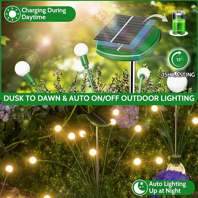 AOSEA HIGH Power Solar Garden Lights Outdoor, 2 Pack 18 LED Solar Firefly Lights Fairy Swaying by Wind for Outside, IP67 Waterproof, for Patio Garden Yard Walkway Sidewalk, Green
