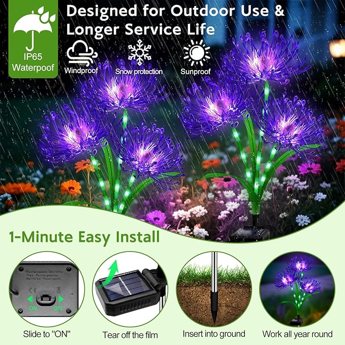 Solar Garden Flower Lights Outdoor, 8 Pack Purple Spider Lily Solar Lights with Glowing Stems, IP65 Waterproof LED Yard Decor for Patio Lawn Pathway, for Women Mom Grandma