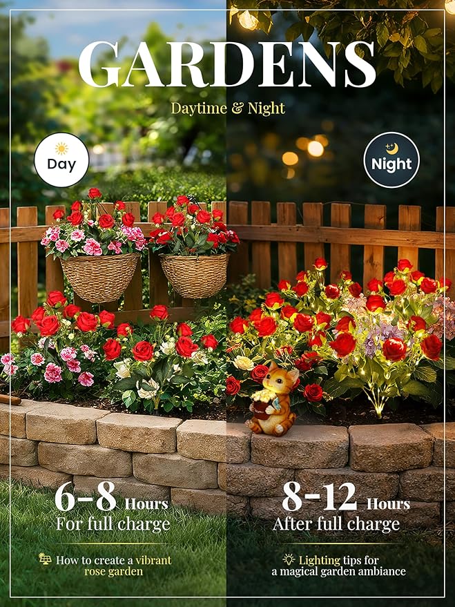 GIGALUMI Solar Lights Outdoor for Garden Decor, 4 Pack Solar Flower Lights Waterproof, 2 Lighting Modes 28 Rose Flowers for Pathway,Yard, Patio Decoration, Gardening Gifts for Women (Red)