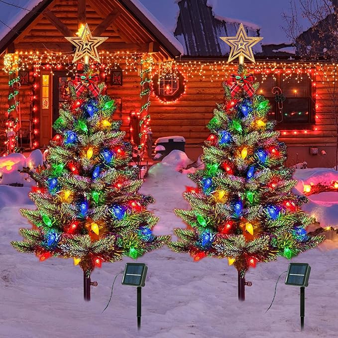 Upgraded 2-Pack 3.6 FT Solar Christmas Tree, Outdoor Christmas Decorations, Xmas Tree Solar Powered with 100 LED Multi-Color C6 String Lights, Suitable for Outside Garden Patio Yard Pathway