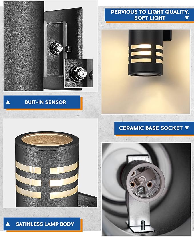 TENGXIN Outdoor Wall Lights, 2-Pack Dusk to Dawn Modern Outdoor Wall Sconce with Stainless Steel Cylinder, Black | Lumora