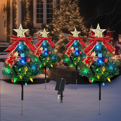 Solar Christmas Tree Pathway Lights Outdoor, Set of 4 Solar Christmas Tree, 80 Outdoor LEDs Xmas Pathway Lights, Garden Decor DIY Xmas Tree Gift (Multicolor)