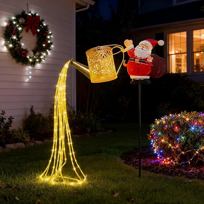 Christmas Santa Solar Kettle Lights, New Santa Claus Solar Watering Can Kettle Lights Outdoor, Metal Waterproof Garden Lantern for Yard, Patio, Lawn, Pathway Warm Light 1pc