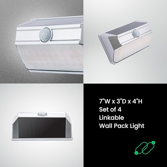Home Zone Mesh Linkable Series 4-Pack Solar SMD LED Security Wall Pack Light, 800LM, Auto-Linking, 120°x26 ft Motion Detection, 3000K Warm White, Customizable 4-Channel Settings, Silver