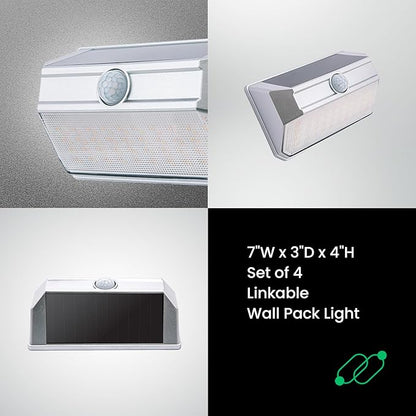 Home Zone Mesh Linkable Series 4-Pack Solar SMD LED Security Wall Pack Light, 800LM, Auto-Linking, 120°x26 ft Motion Detection, 3000K Warm White, Customizable 4-Channel Settings, Silver