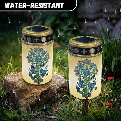 Cross Blue Rose Solar Cemetery Light Holder, Grave Decorations for Cemetery, Solar Lights for Cemetery, Grave Markers for Cemetery Grave Outdoor