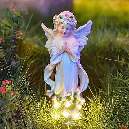 Solar Garden Statues Lights, Guardian Angel Figurines Light with Flower, Resin Praying Angel Figurine Lights Landscape Light, Outdoor Decor Garden Figurine for Patio Balcony Yard Lawn (White Angel)
