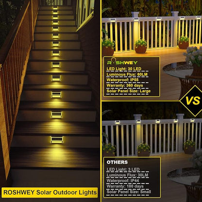 ROSHWEY Deck Lights, 10 Pack 30 LED Deck Lights Solar Powered Outdoor Waterproof, Patio Step Lighting Outdoor Decor, Stainless Steel Backyard Lamp for Garden Yard Porch Stair Railing, Warm White