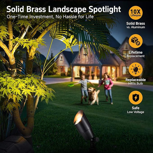 Gardenreet Landscape Spotlights Low Voltage - Brass Outdoor Uplight LED 12V, Wired Spot Lights IP65 Waterproof, Black for Exterior Garden Yard Tree House with 5W 2700K Warm White MR16 Bulb