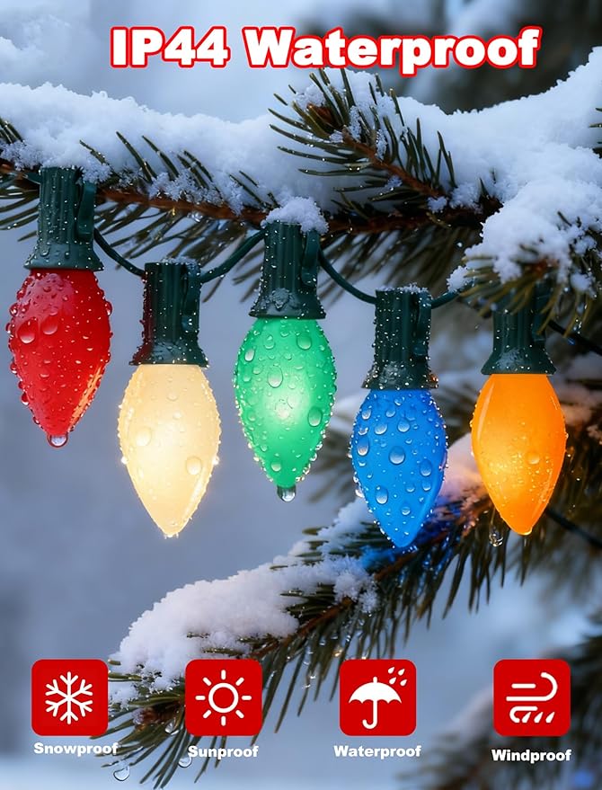 C7 LED Christmas Lights 25Ft Multicolor Christmas String Lights Outdoor with 27 Ceramic LED Light Bulbs, String Lights for Tree Decor Patio Carnival, E12 Candelabra Base Base