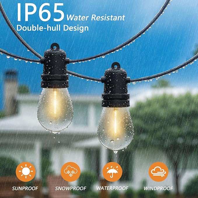 Commercial Grade LED String Lights 10 Shatterproof LED Bulbs, IP65 Waterproof & Dimmable Warm White,Black Wire,Outdoor Hanging Lights for Patio, Wedding, Cafe, Backyard Decor (30FT)