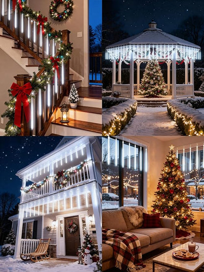 Flacchi Solar Meteor Shower Icicle Lights - 20 Tubes 480 LED Cascading Raindrop Lights, Outdoor Waterproof Christmas Decorations for Holiday Party (Cool White, Solar 20 Tubes)