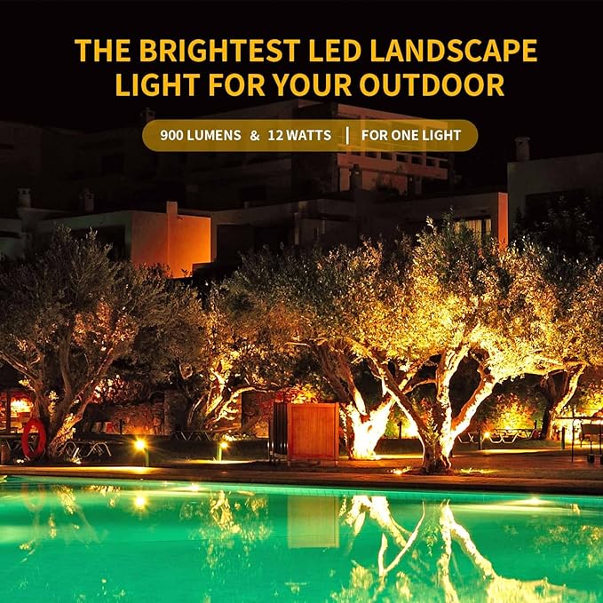 Outdoor LED Warm White Spotlights, 3000K Landscape Spot Lights, 12W IP65 Waterproof Metal Case SpotLighting with Spiked Stand for Lawn Decorative Lamp (4 Pack)
