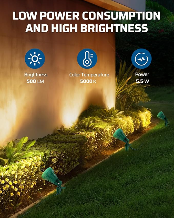 DEWENWILS 120V Spotlight Outdoor, 500LM Waterproof LED Spot Light with 3 Extra Lenses (Red Yellow Green), Landscape | Lumora