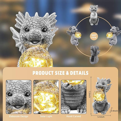 Solar Garden Decorations - Dragon Statue with Crackle Glass Ball Light - Garden Decor for Patio, Yard, Lawn, Pathway, Landescape - Housewarming Gifts - Dragon Gifts for Women Mom Grandmom