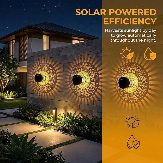 Solars Mandala Fence Lights Outdoors,7 Colors RGB Waterproof Decorative Mandala Solars Lights , Metal Solars Powered Deck Steps Walls Lights for Garden Yard Fence Patio Pathway (Life Rings*2PCS)
