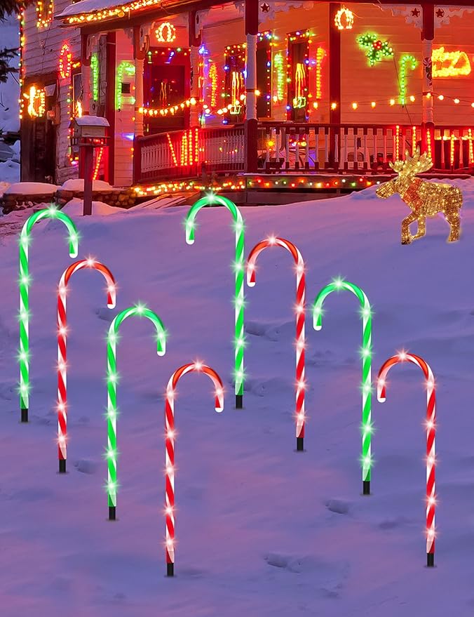 ZHAHA Solar Christmas Pathway Lights Outdoor Decorations, Solar Candy Cane Lights for Yard Patio Garden Walkway with 8 Light Mode, Remote, Timer, 48 LED, Upgraded Christmas Outdoor Decorations, 8 Pack