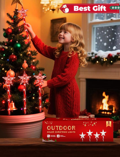 Solar Christmas Lights Outdoor 8 Pack, 2200mAh Solar Xmas Decorations Star Light, 8 Lighting Modes IP65 Waterproof Christmas Pathway Lights Outside for Garden, Yard, Street, Park, Holiday (RED)