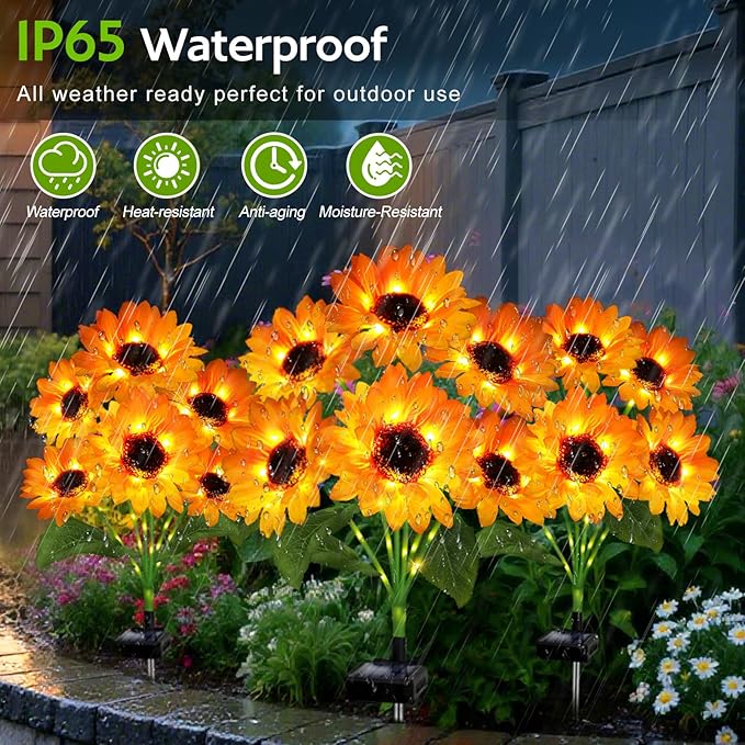 Solar Sunflower Lights Outdoor Garden Decor, 6 Pack Solar Flowers Lights with 36 Sunflowers, Waterproof Decorative | Lumora