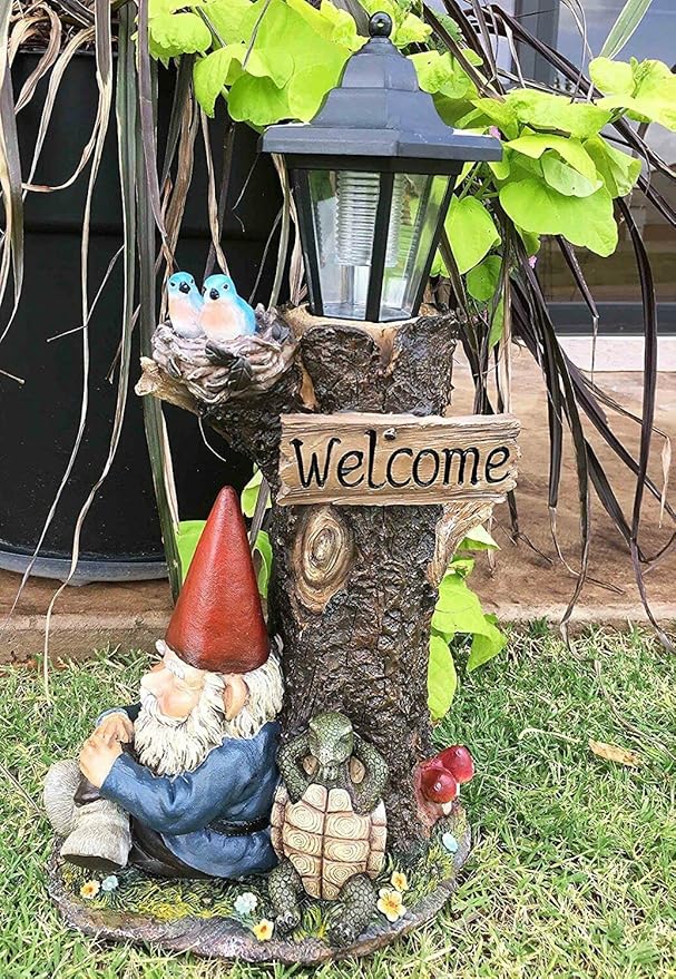 Ebros Gift Whimsical Summer Dream Garden Gnome with Buddy Turtle Taking a Short Nap Under Tree Outpost Crossroad Station Solar Path LED Courtesy Light Garden Statue Home Decorative Patio Figurine