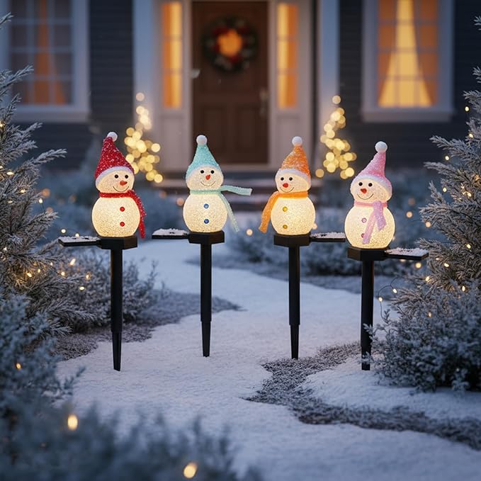 Solar Christmas Snowman Pathway Lights Outdoor Decor, 4pcs Waterproof Snowman Stake Landscape Lights, Solar Powered | Lumora