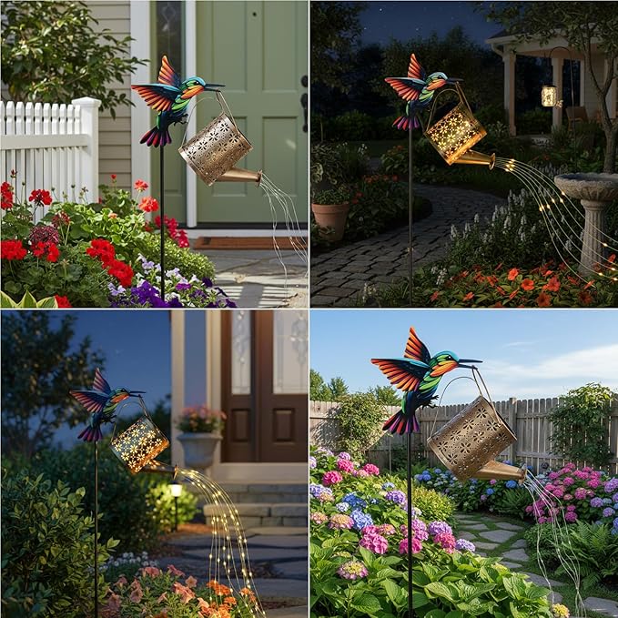 Solar Watering Can with Cascading Lights Outdoor Garden Decor,Solar Hummingbird Lights Shaped Hook Gardening Gifts | Lumora