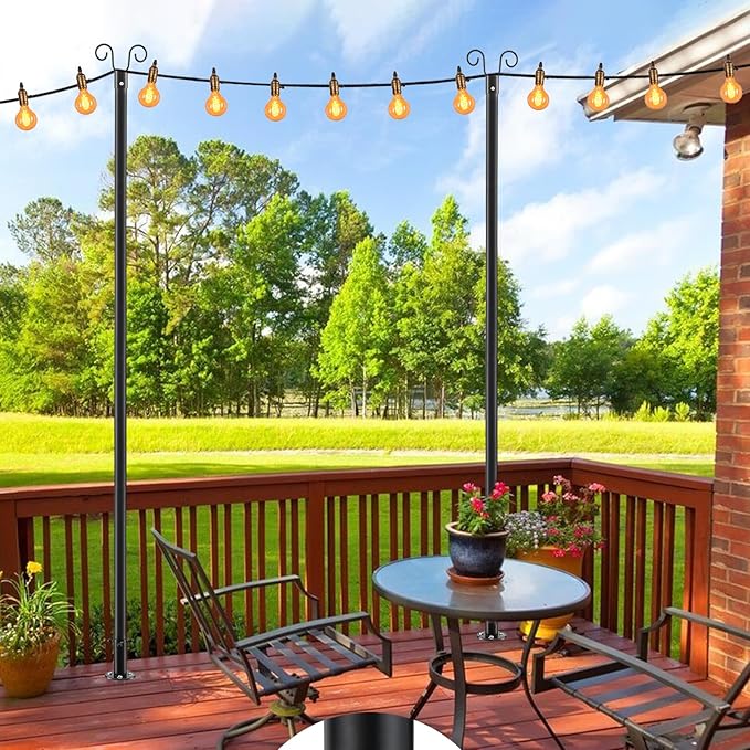 String Light Pole for Ground, 8FT Heavy Duty Adjustable Metal Poles for Outdoor String Light Hanging with Flange | Lumora