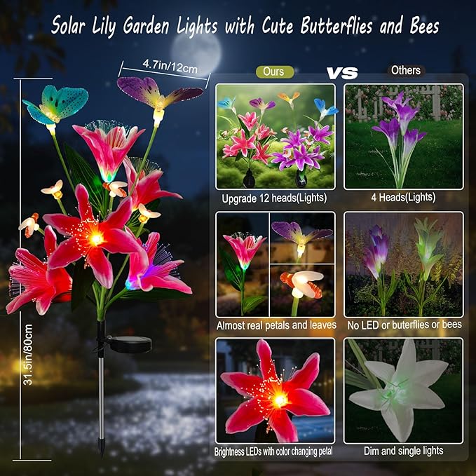 Solar Flower Lights Outdoor Garden Decor,2Pack Color Changing lilies flowers with Flying Butterfly and Bee,22LED Lily Solar Garden lights Outside for Path Yard Patio Lawn Party Mom day Decor