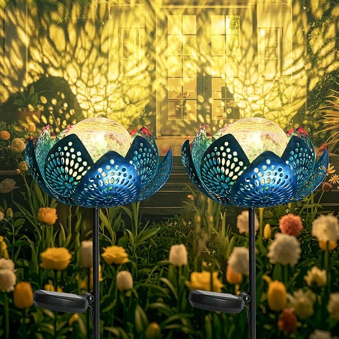 Bshine Lotus Solar Light Outdoor, Waterproof Crack Glass Globes LED Lotus Flower Metal Stake Valentine's Day Outdoor Decor Yard, Courtyard, Path, Art Lawn Ornaments, Gift for Mom Housewarming, Blue