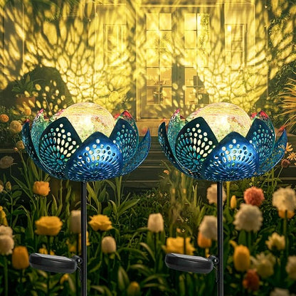 Bshine Lotus Solar Light Outdoor, Waterproof Crack Glass Globes LED Lotus Flower Metal Stake Valentine's Day Outdoor Decor Yard, Courtyard, Path, Art Lawn Ornaments, Gift for Mom Housewarming, Blue