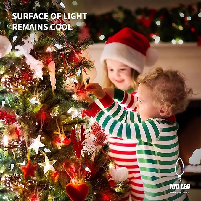 WATERGLIDE C6 Valentines Lights, 100 LED 33ft Faceted Fairy Lights Green Wire Christmas String Lights with Safe Adaptor, 8 Lighting Mode, Waterproof for Indoor Outdoor Patio Party Decor, White & Red
