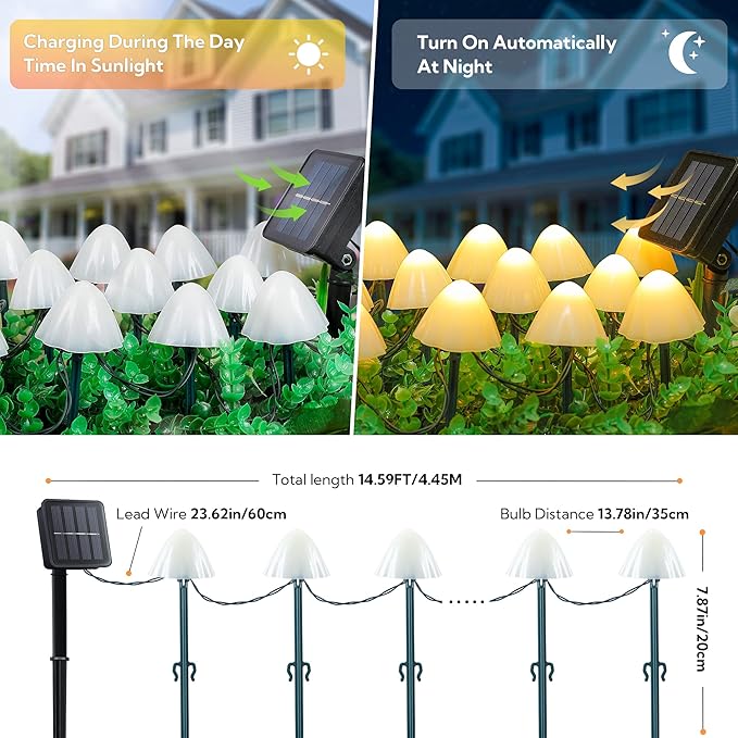 Solar Garden Lights, 12 LED 14.5ft Mini Mushroom Solar Lights Outdoor Waterproof, 2 Modes Lighted Mushroom Shaped Pathway Light for Patio Yard Garden Christmas Fall Decoration（Warm White）