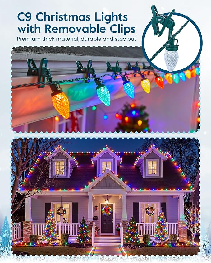 C9 LED Christmas Lights Outdoor with 100 Spring Clips, 65FT 100 LED C9 String Lights Waterproof Connectable for Outside Roofline Patio House Yard Windows Outdoor Christmas Decorations, Multicolor