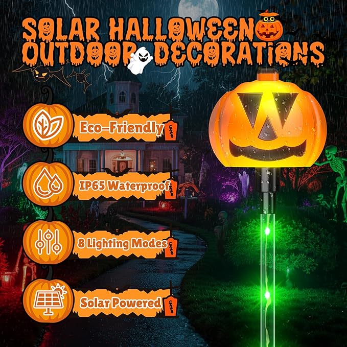 2025 Upgraded 6 Pack Halloween Solar Pumpkin Lights Outdoor Decorations, 8 Modes Waterproof Halloween Pathway Stake Lights with 42 Colorful LEDs, Pumpkin Decor for Garden, Yard, Party, Multicolor