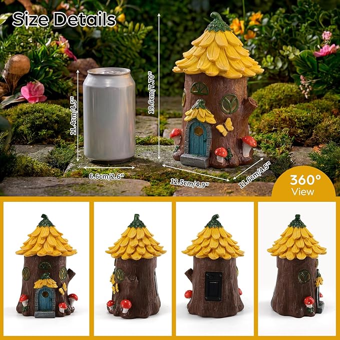 Lavezee Fairy House Outdoor Figurine Lights for Garden Decor, Fairy Garden Houses for Front Porch Patio Backyard Yard Decoration, Birthday Gifts for Mom Women