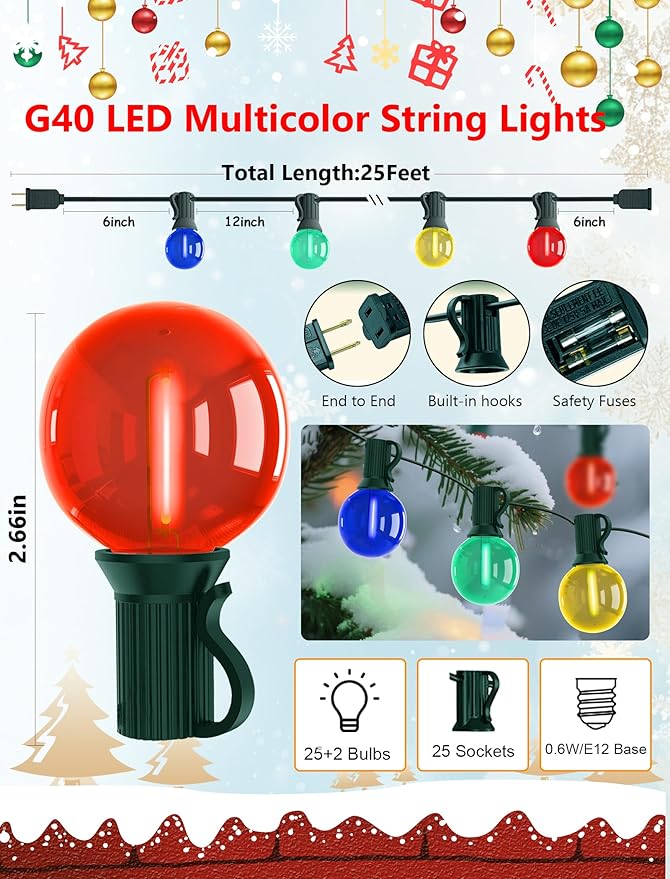 G40 LED Globe Christmas String Lights, 50Ft Multicolor Christmas Decorations Lights Shatterproof with 27 LED Colorful Bulbs, Hanging Patio Lights for Backyard Porch Xmas Tree Party Roofline Garden