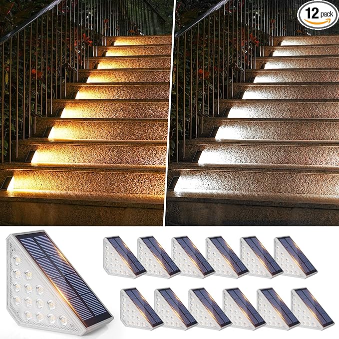 Bosceos 12-Pack Solar Step Lights, Upgraded 2 in 1 LED Solar Powered Stair Light Waterproof, Outdoor Deck Lights with 2 Colors, Solar Light for Outside Sidewalk Yard Patio, Warm White & Cool White