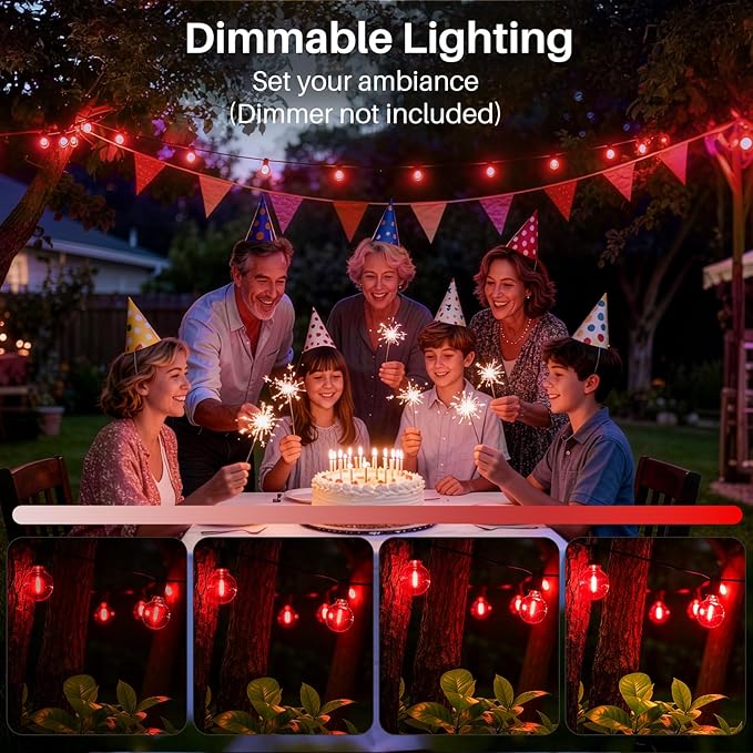 50 FT Red Outdoor String Lights G40 Globe Shatterproof Patio Lights,26 Plastic Edison Bulbs(2 Spare) IP65 Waterproof Dimmable LED Bulbs for Backyard Porch Balcony Party Decor, E12 Base,