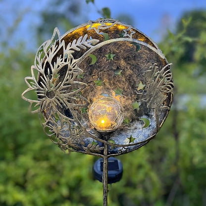 Fairy Solar Light Outdoor Decoration Garden Hollow Carving Sun Flowers Crackle Glass Ball Metal Stake for Pathway Patio Lawn Yard Mother Gift (Floral Fairy), Antique Brass