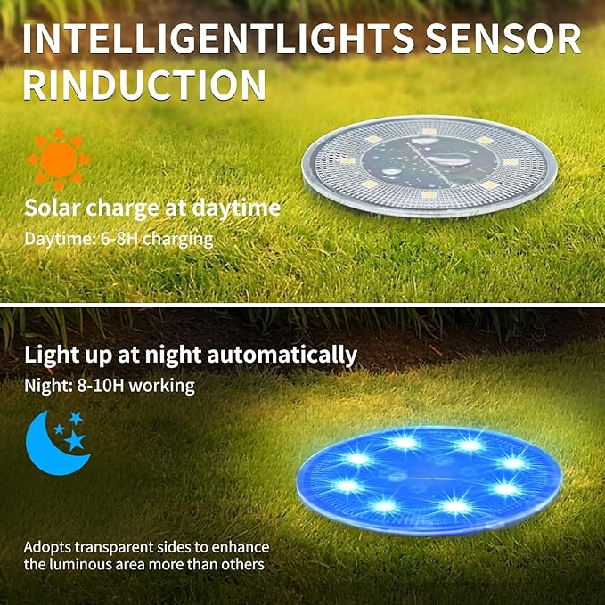 Ground Lights 12 Pack, IP68 Waterproof Solar Disc Lights for Outdoor, Flat Garden Light, In-Ground Light, Landscape | Lumora