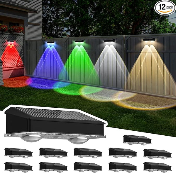 Solar Fence Lights Outdoor 12 Pack, Warm White & Cool White & 6 Colored+RGB Color Changing, High Brightness LED | Lumora