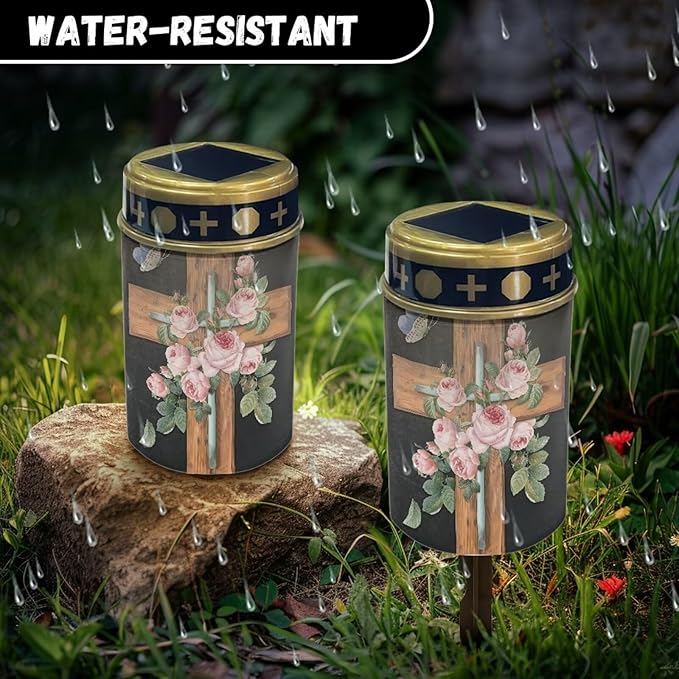 HUGS IDEA Cross Solar Lights for Graves Pink Rose Angel Garden Ornaments Waterproof Romantic Memorial Decorations Cemetery Garden Lighting for Religious Sites