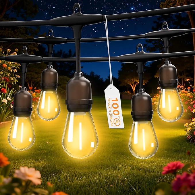 Outdoor Safety String Lights 100FT - Commercial Grade Low Voltage Strand with 40 S14 Shatterproof Bulbs for Tree Garden Yard bistro Cafe | Warm Yellow 3500K Party Lights | IP65 Waterproof | UL Listed