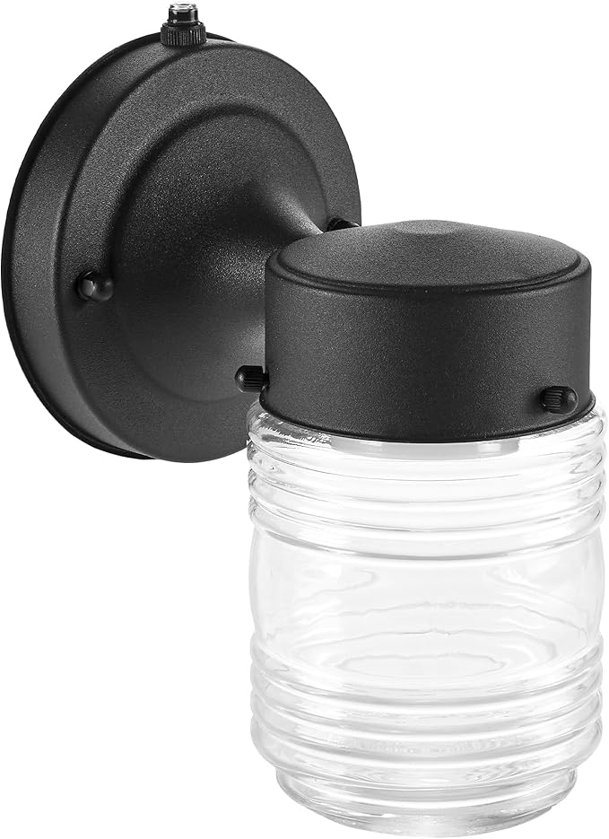 Maxxima Outdoor Wall Lantern Light Fixture, Enclosed Clear Ribbed Glass Jelly Jar Exterior Light, Black Finish, Dusk to Dawn Sensor, 800 Lumens, Photocell Sensor, 3000K Warm White