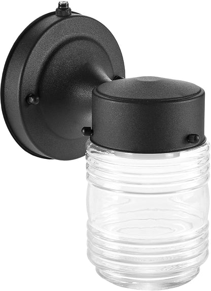 Maxxima Outdoor Wall Lantern Light Fixture, Enclosed Clear Ribbed Glass Jelly Jar Exterior Light, Black Finish, Dusk to Dawn Sensor, 800 Lumens, Photocell Sensor, 3000K Warm White